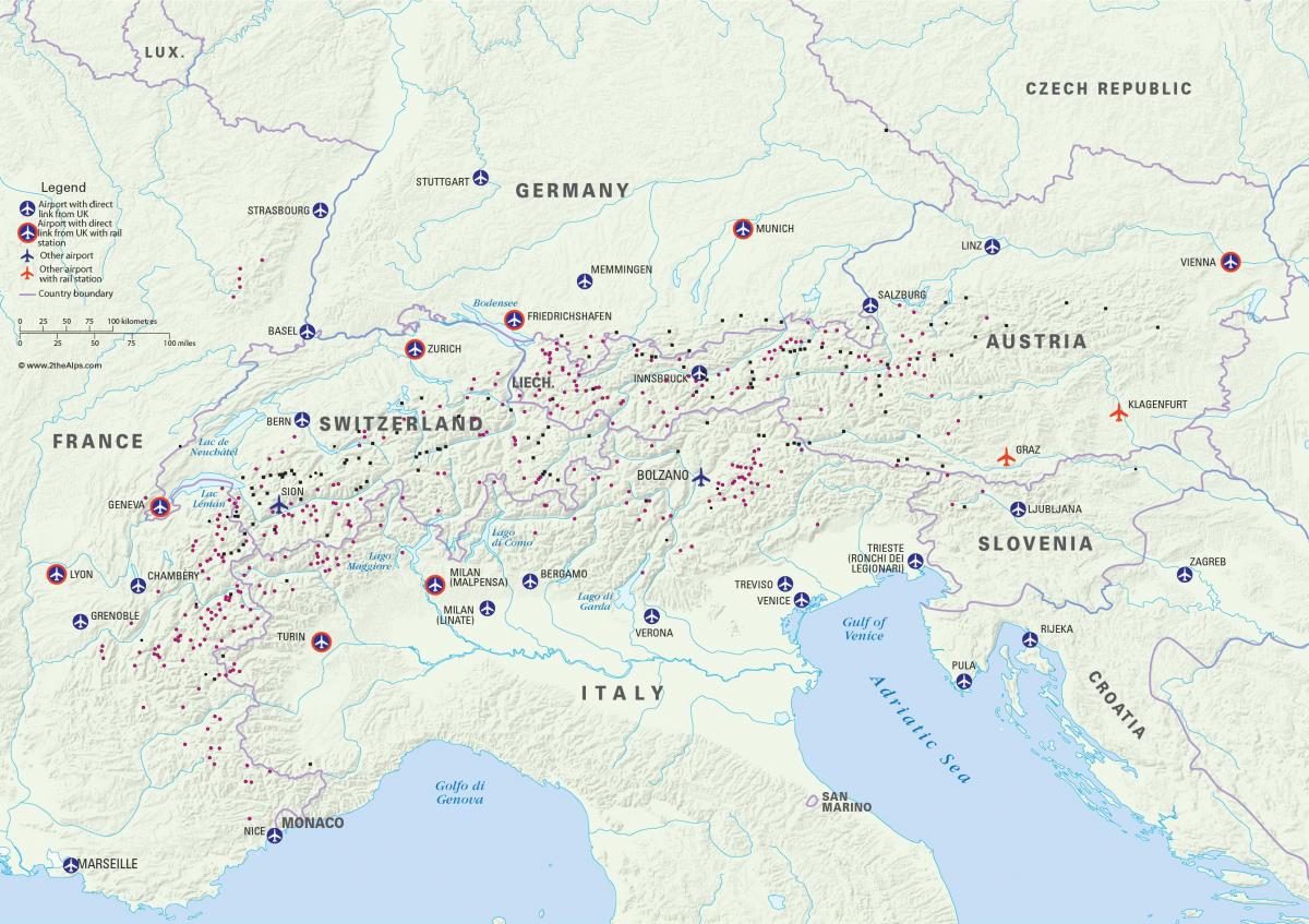 Karte von österreich-ski-resorts Flughäfen