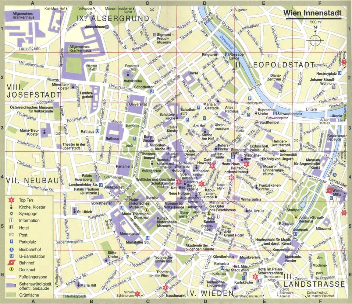 Karte von Wien, österreich, Sehenswürdigkeiten