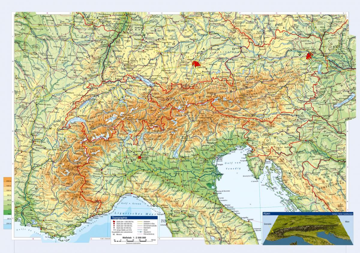 Landkarte österreich, topographische